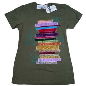 NWT Inner Child T-Shirt Women Large Retro Patch Embellished Art Cotton Tee Green